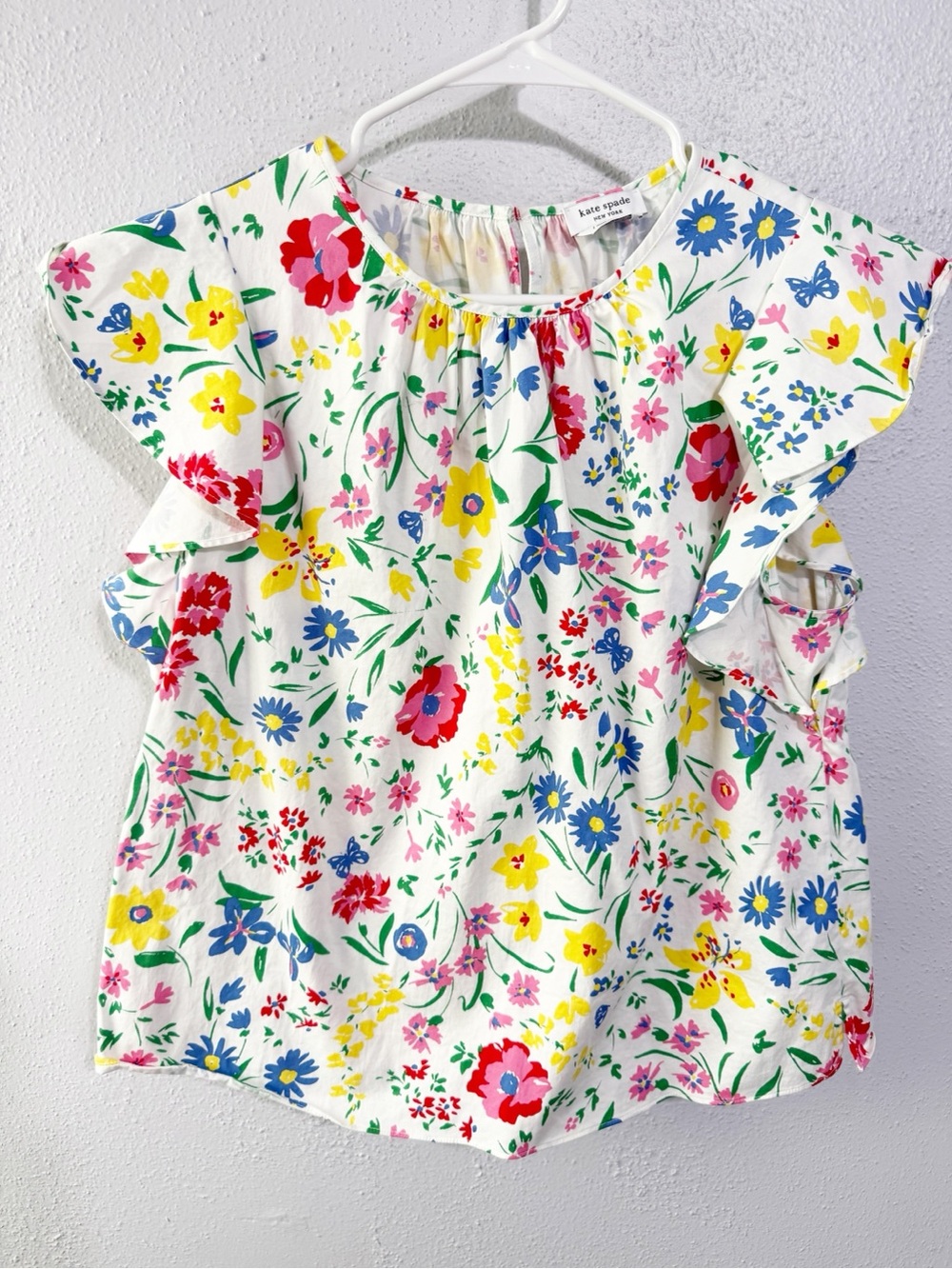 Kate Spade Floral Flutter-Sleeve Top - White w New England Floral print large